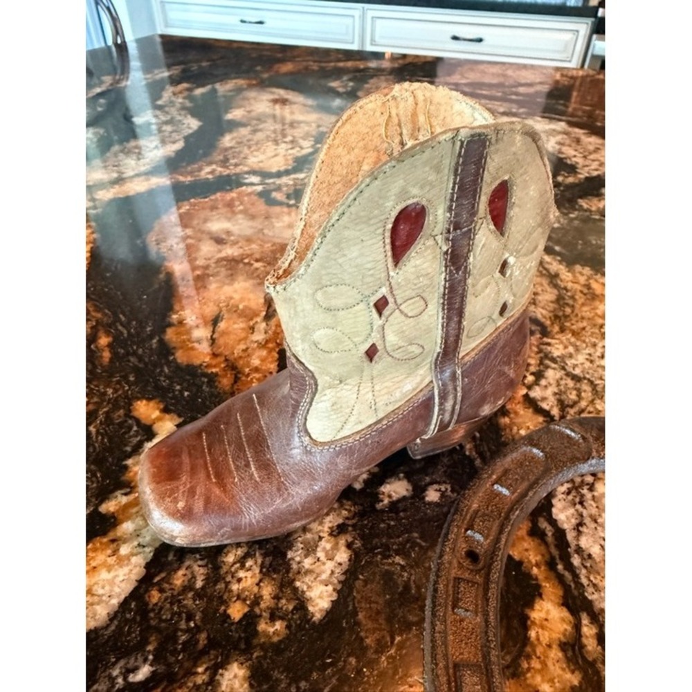 Vintage Real Mini Cowboy Boot/Brown & Cream Farmhouse Decor